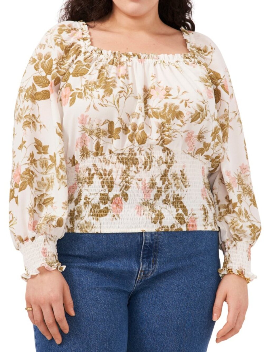 NWT 1. STATE Floral Convertible Smocked Neck Blouse 2X Plus Size Chiffon